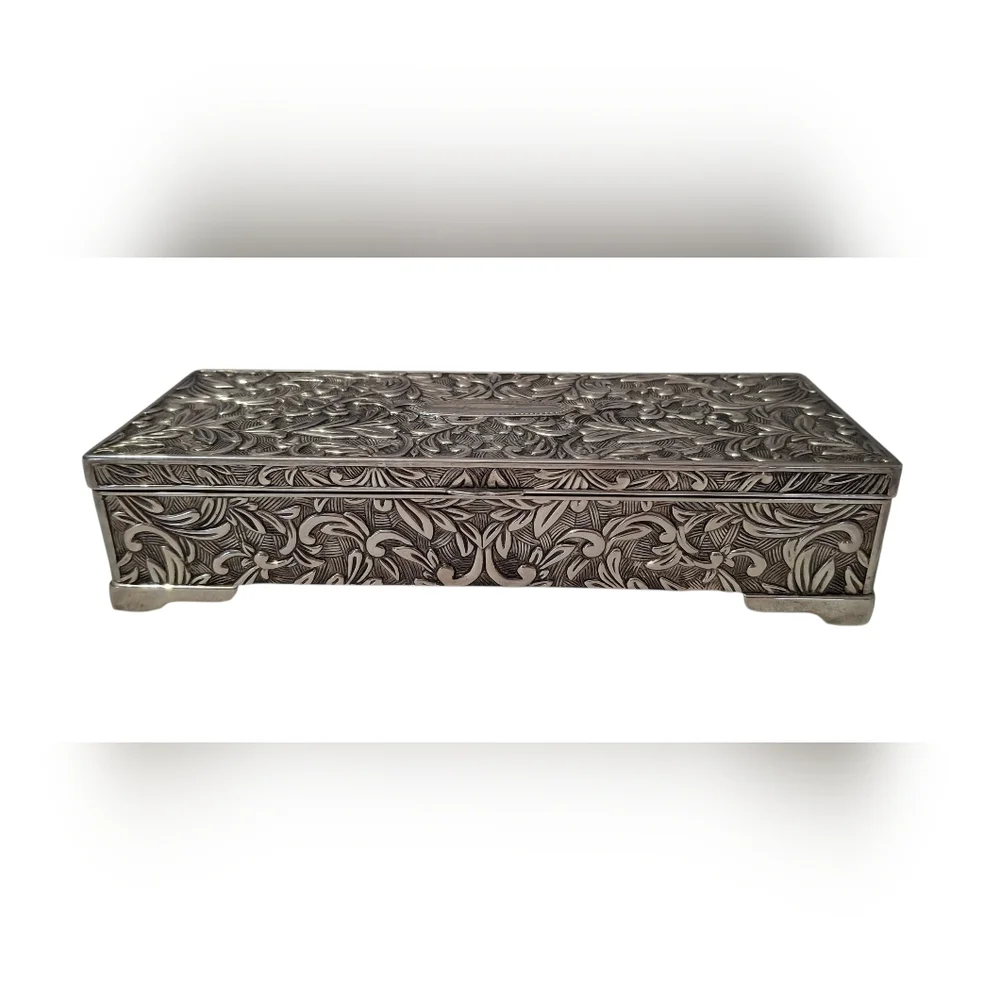 VTG Engraved Godinger Floral Embossed Silver Plated Velvet Lined Jewelry Box